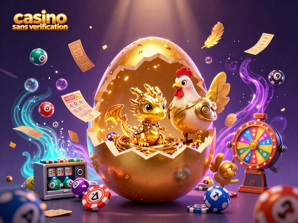 Les joueurs s'engagent dans des jeux à un casino sans vérification, entourés de boules colorées vibrantes et de tickets dorés.