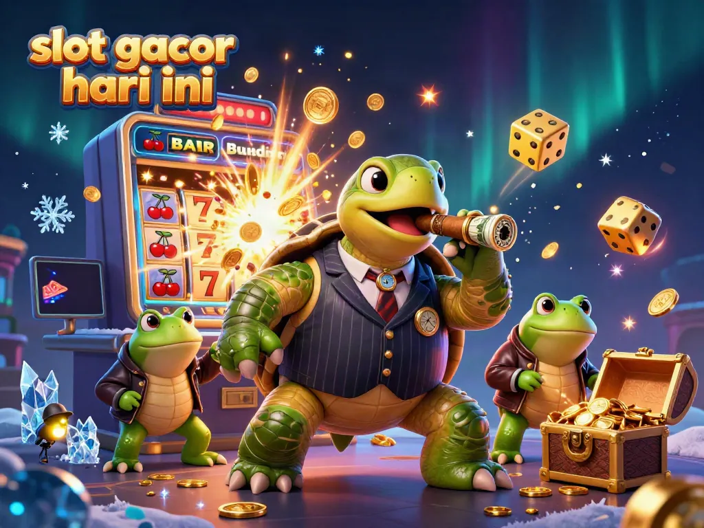 Experience slot gacor hari ini with a vibrant 3D cartoon scene of casino characters and jackpot excitement.