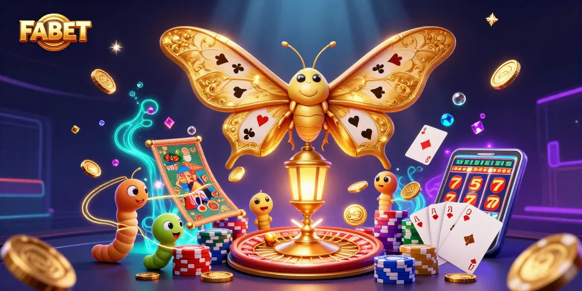 Experience FABET's vibrant gaming world with an enchanting moth and casino elements.