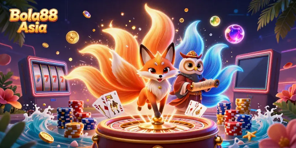 Bola88 Asia offers an immersive online gaming experience with vibrant characters and casino elements.