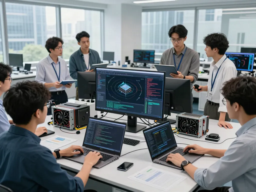 GPU computing engineers collaborating in a modern lab with displays of AI models and metrics.