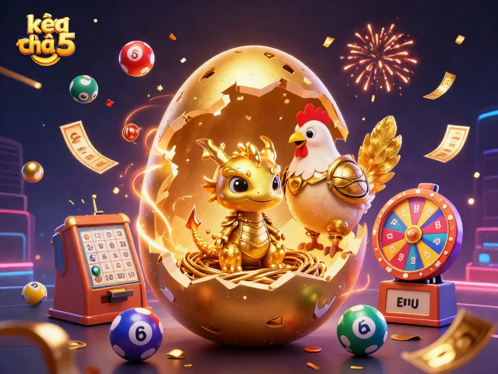 Bet on kèo nhà cái 5 with vibrant lottery balls and a golden baby dragon in a casino-themed illustration.