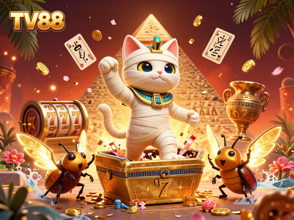 Experience thrilling wins at TV88 with the mummy cat and glowing scarab in a vibrant casino scene.