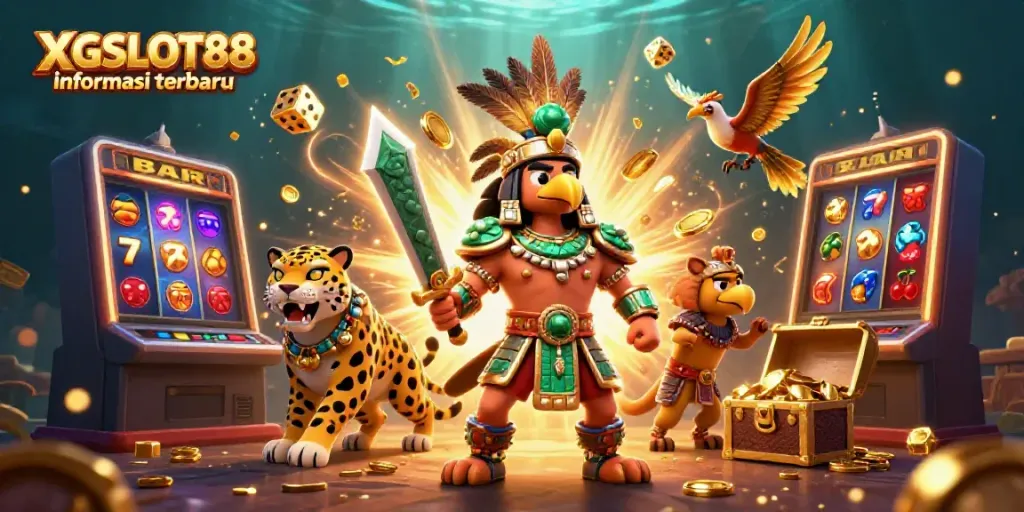 Gematikan informasi terbaru XGSLOT88 dengan petarung Aztec dan mesin slot kaya simbol bertaburan.