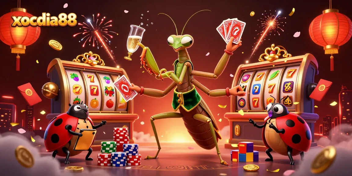 xocdia88 highlights vibrant gambling action with a mantis card sharp and ladybug pit boss in a packed casino scene.