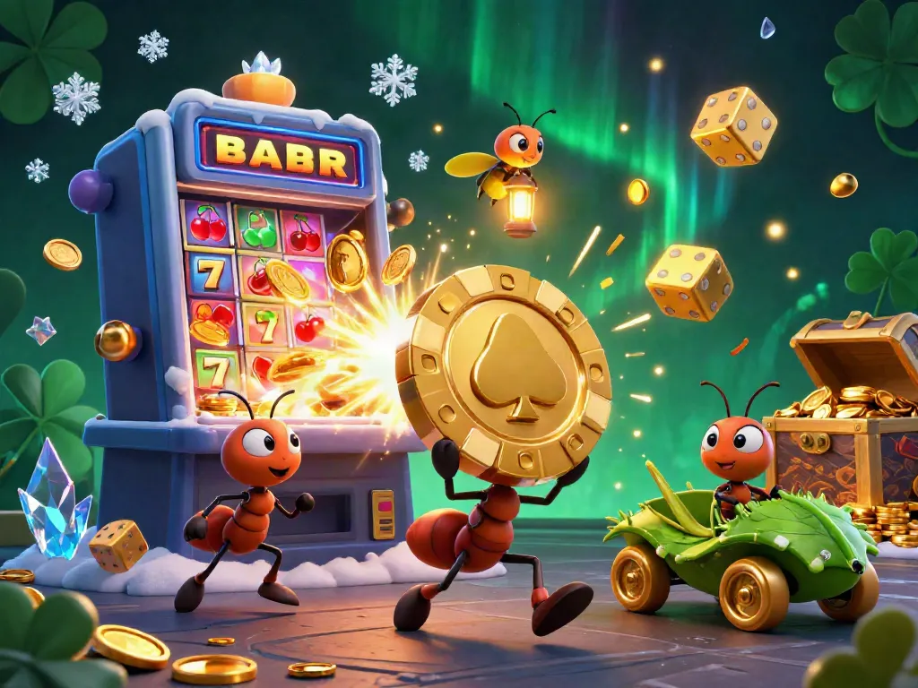 Bujangtoto treasure heist scene with cartoon ants, golden poker chip, and casino game elements bursting in 3D
