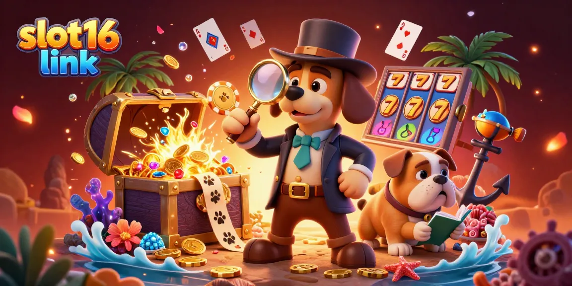 Win big with slot16 link in this vibrant 3D casino scene featuring detective fun!