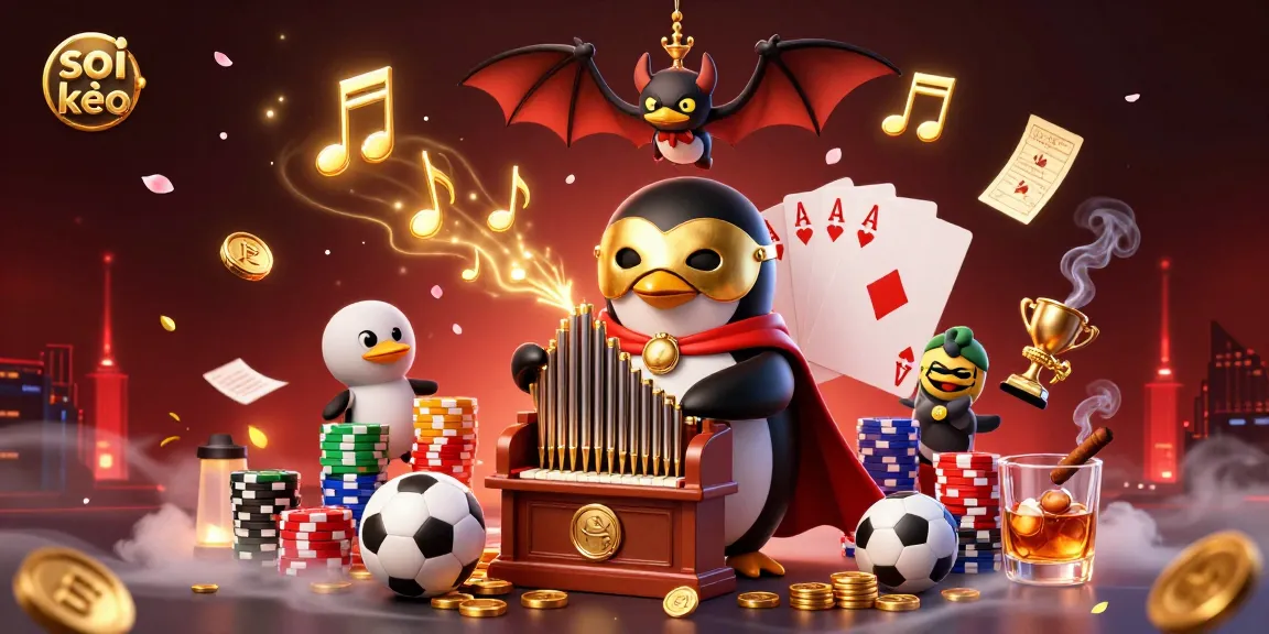Soi kèo betting scene with a cartoon penguin organist and dynamic sports elements.
