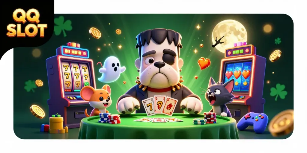 Engage with QQ SLOT gaming as a cartoon bulldog dealer and ghostly elements create a thrilling atmosphere.