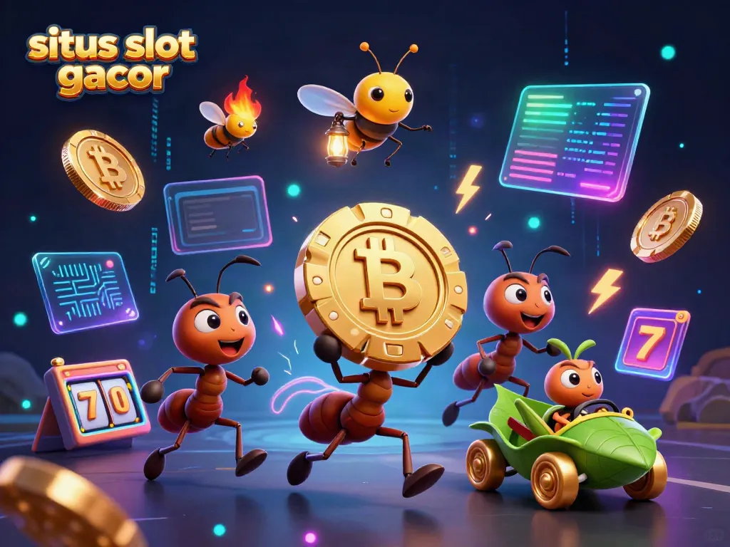 Engaging scene featuring ants stealing a massive poker chip in the situs slot gacor universe, illustrating rich casino action.