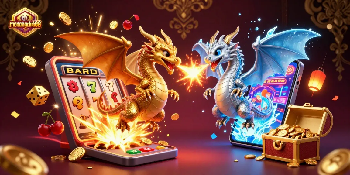 Experience thrilling wins with menangclub88 as gold and silver dragons battle in a vibrant casino scene.