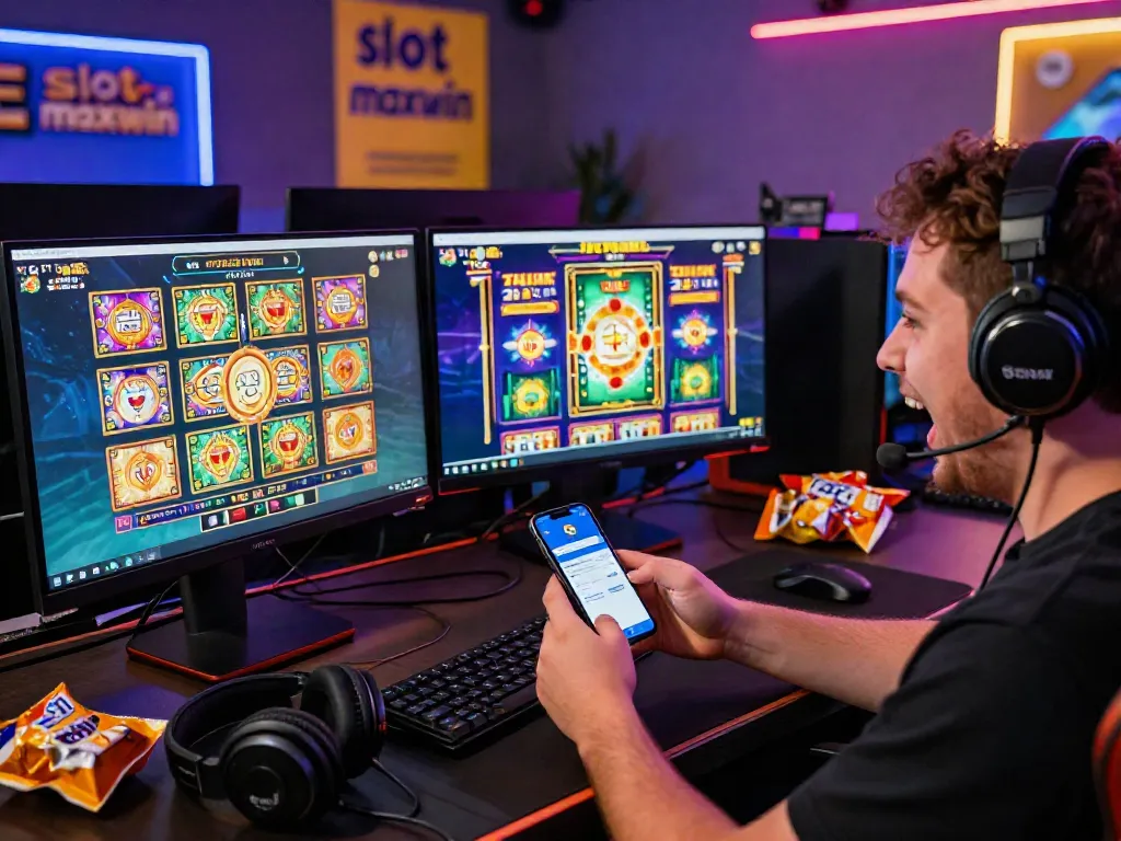 Player enjoying engaging slot games with slot maxwin bonuses on stylish desktop setup.