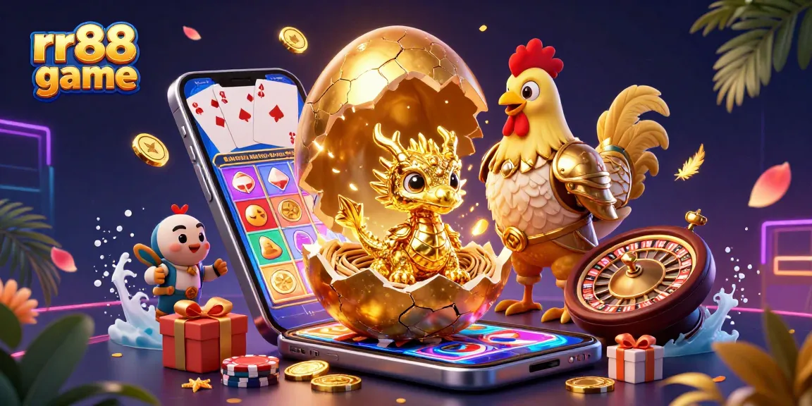 Play engaging rr88 game with a golden dragon amidst casino elements in a vibrant 3D illustration.
