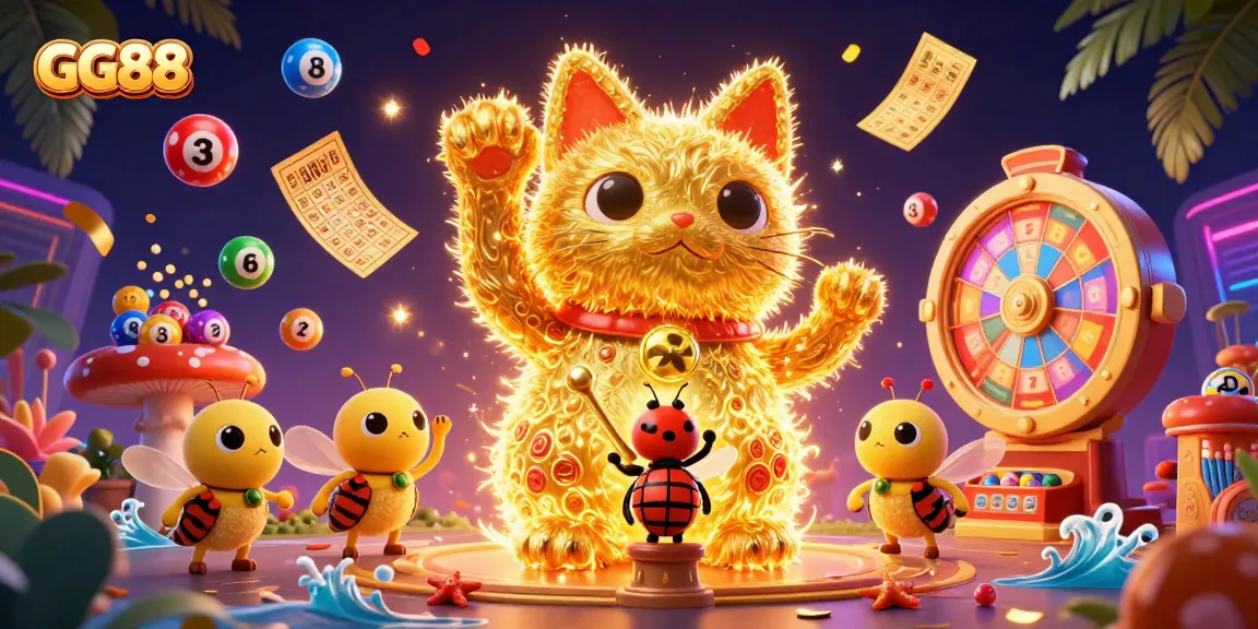GG88 celebrates winning moments with a lucky cat surrounded by vibrant casino elements in a dynamic 3D scene.