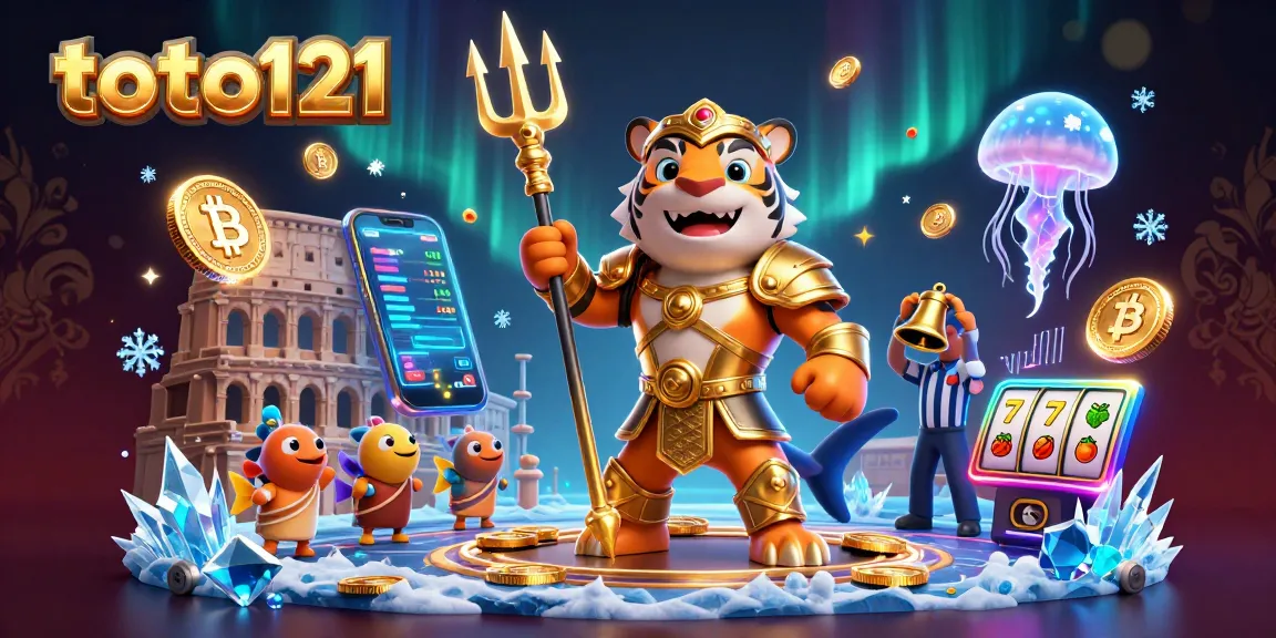 Join the thrilling scene in toto121's underwater casino with a shark gladiator amidst crypto coins.