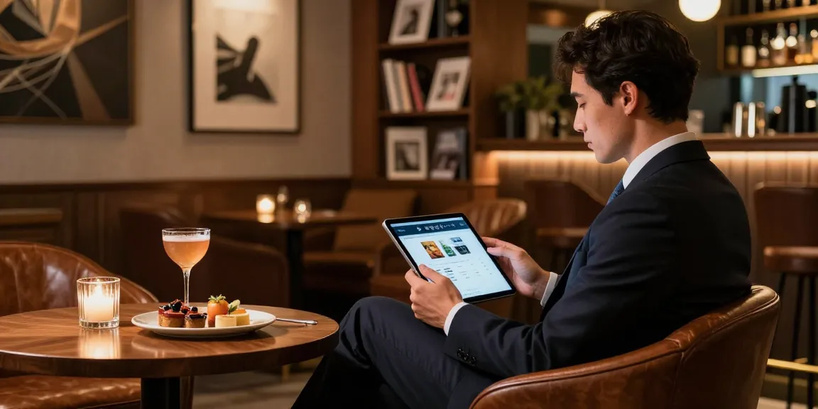 Chic lounge with a user exploring the 오피사이트 on a tablet, enjoying gourmet cocktail and appetizers.