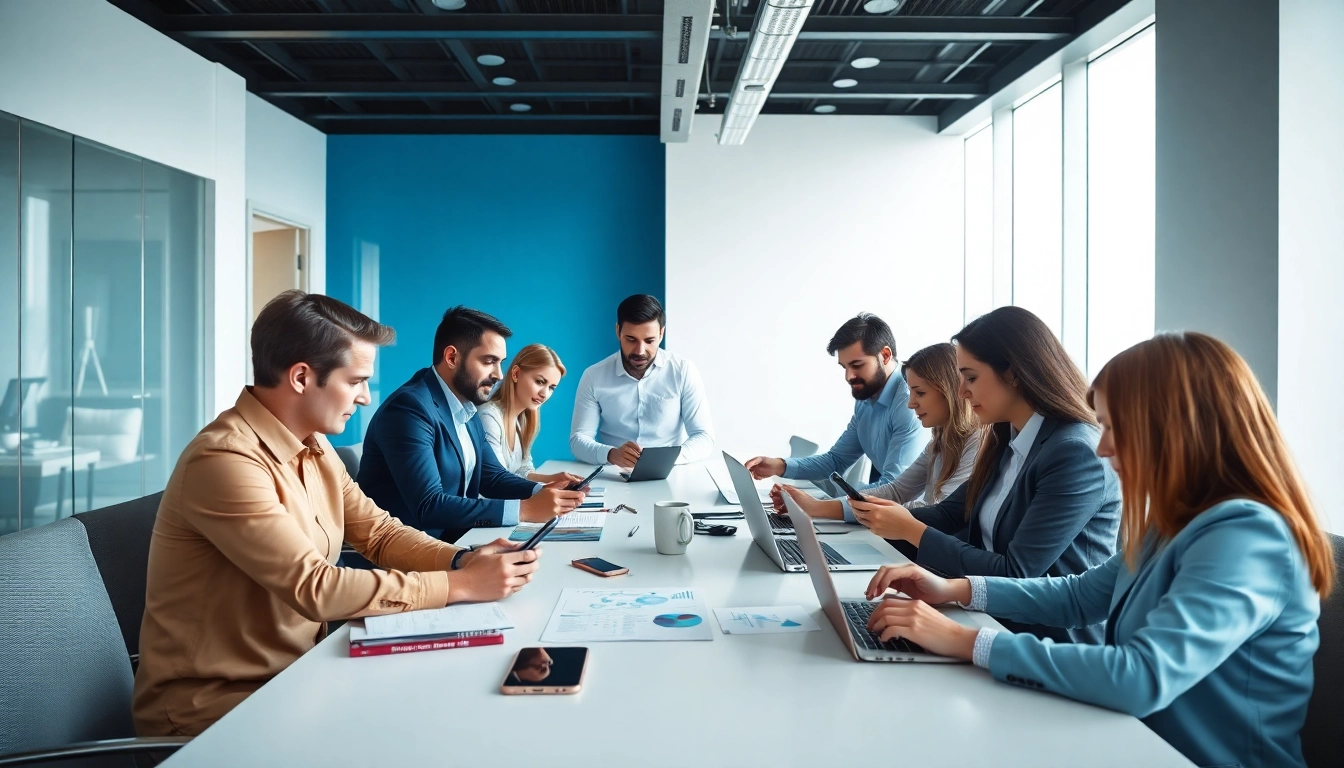Compare business mobile deals UK in a modern office with professionals discussing options.