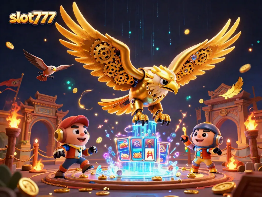 Rasakan keseruan bermain slot777 dengan ilustrasi 3D menakjubkan menampilkan garuda emas.