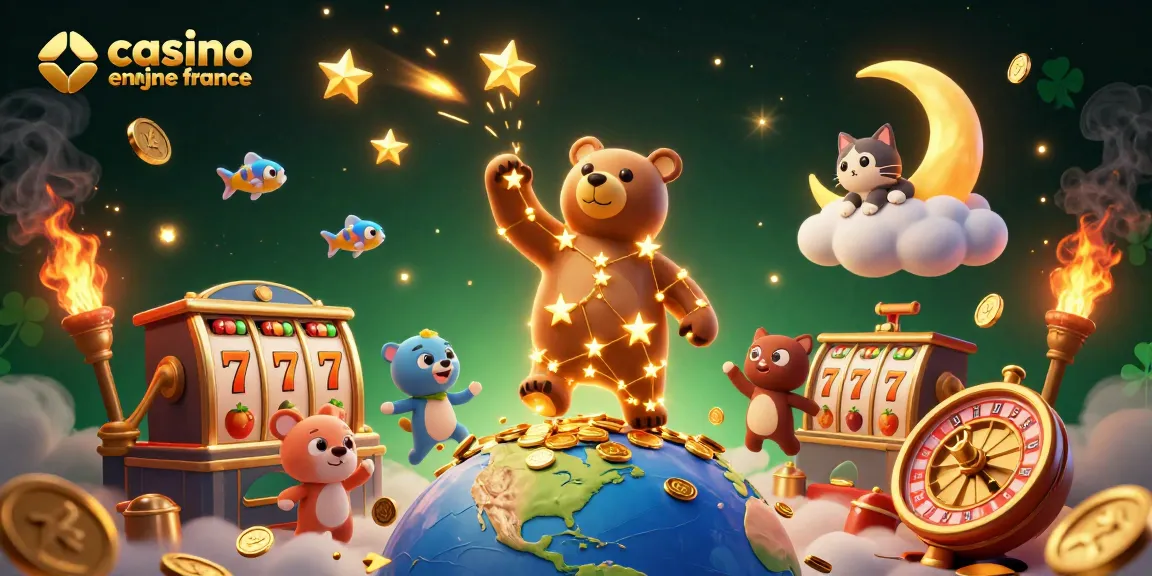 Visualisez le monde captivant du casino en ligne France avec des étoiles, des pièces d'or et un ours constellation.