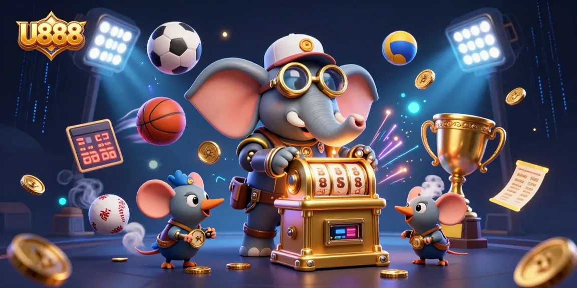 Experience thrilling U888 gaming with a steampunk elephant dispatching golden slot machines amidst vibrant sports elements.