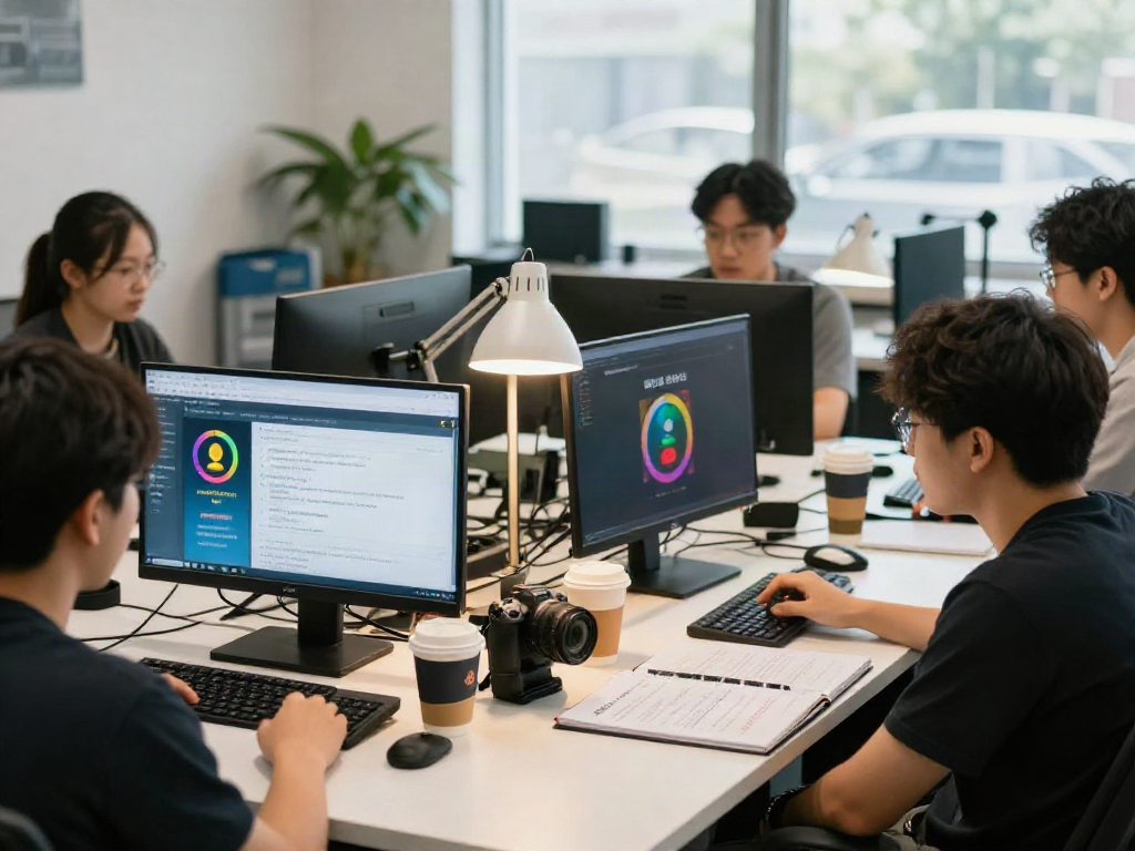 Group discussing 먹튀스팟 검증사이트 at modern workspace with digital tools.