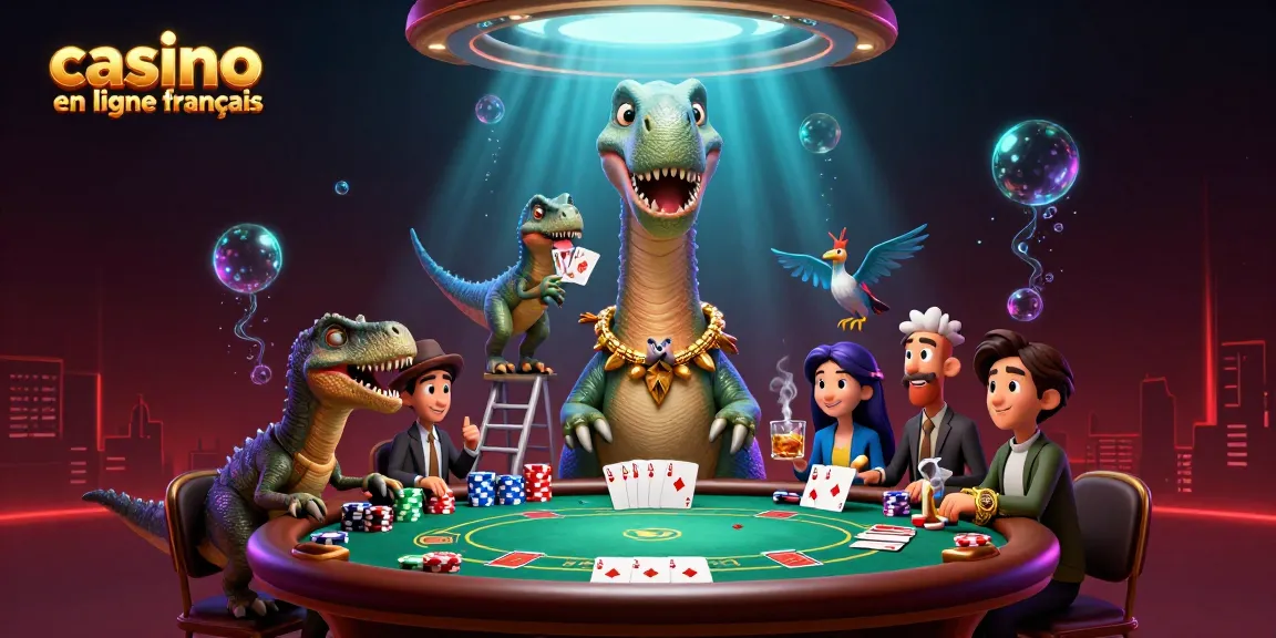Illustration dynamique représentant un casino en ligne français avec un brontosaurus, un raptor et des éléments de poker.