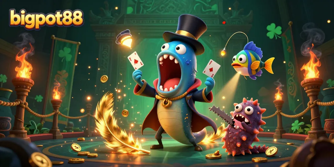 bigpot88's bioluminescent eel performs card tricks amidst a vibrant casino scene.