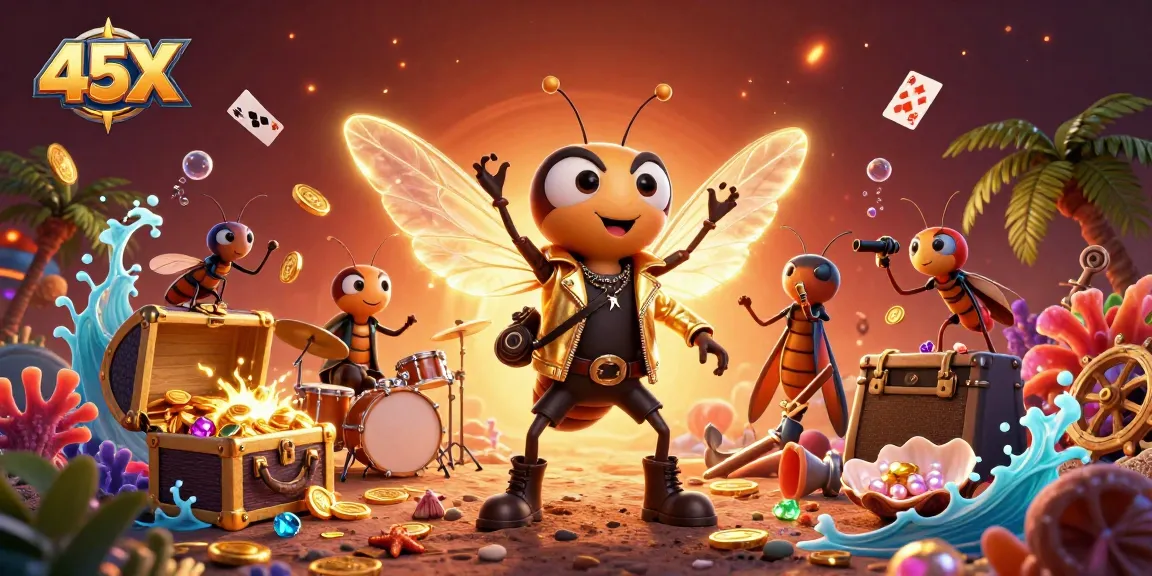 Watch the 45X rock star cicada lead a dazzling gambling scene with vibrant gameplay elements.