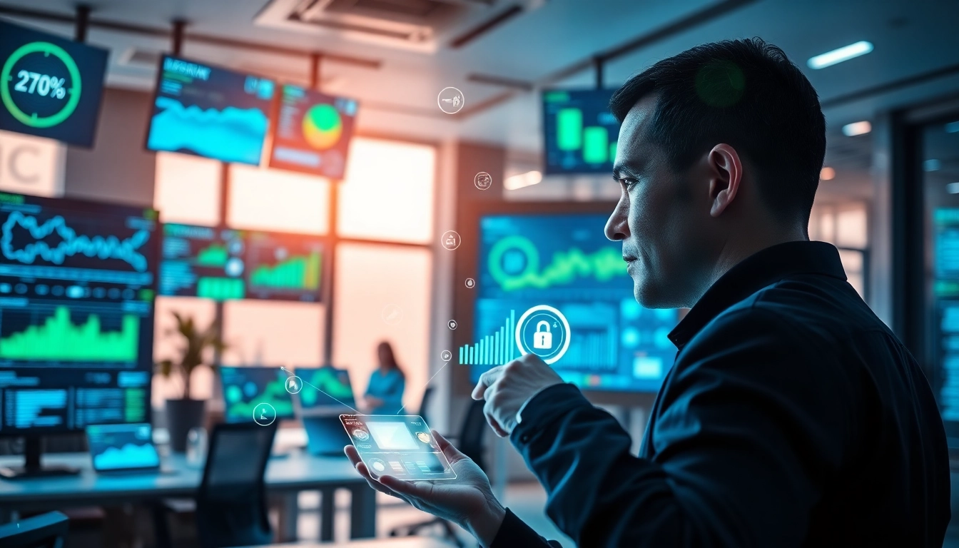 Visualize Ai agents in a modern office background, highlighting user interaction with advanced technology.