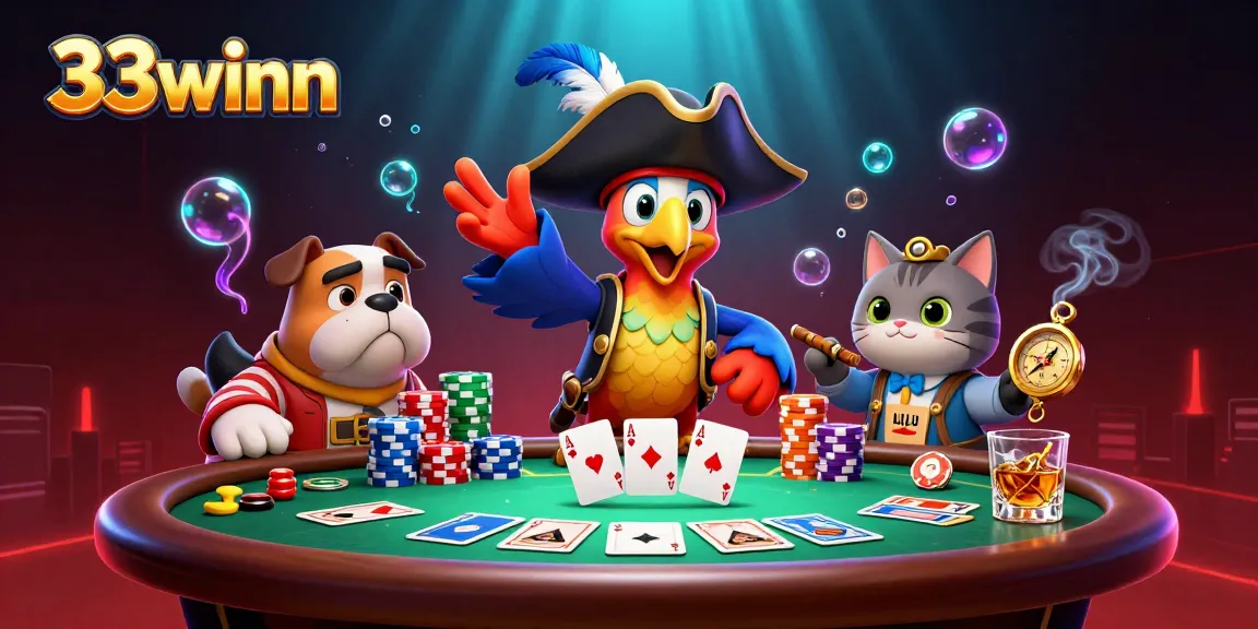 Engage in thrilling poker action with 33winn's captivating characters in a vibrant casino scene.