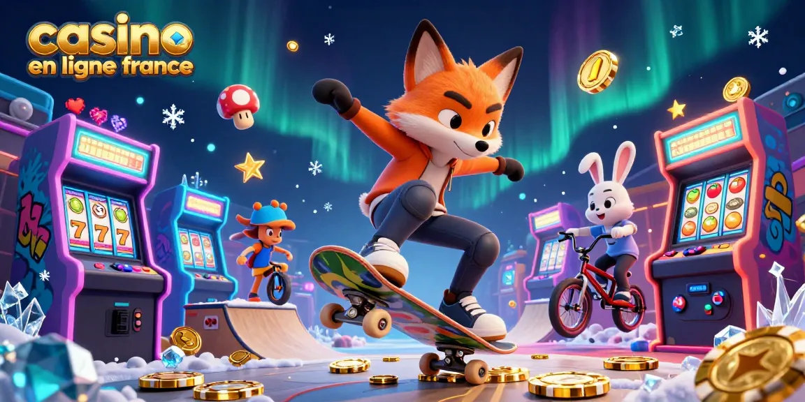 Cette illustration vibrant avec un renard faisant un kickflip symbolise le casino en ligne France.