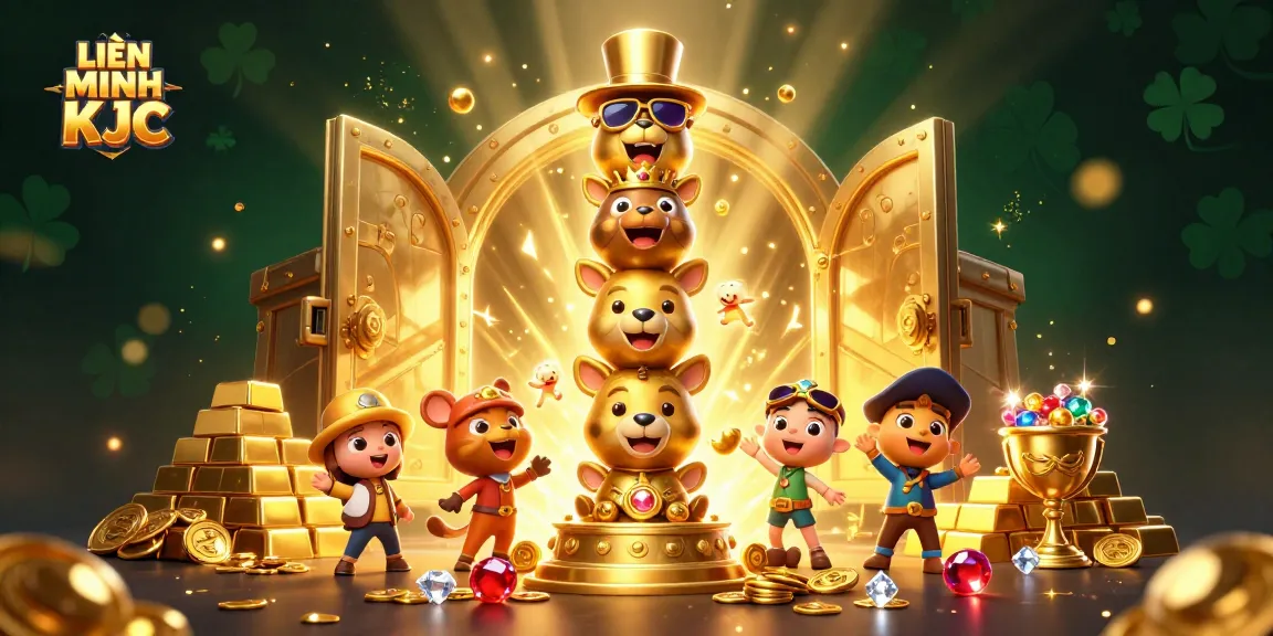 Experience vibrant gaming with LIÊN MINH KJC in a dynamic, treasure-filled casino scene.
