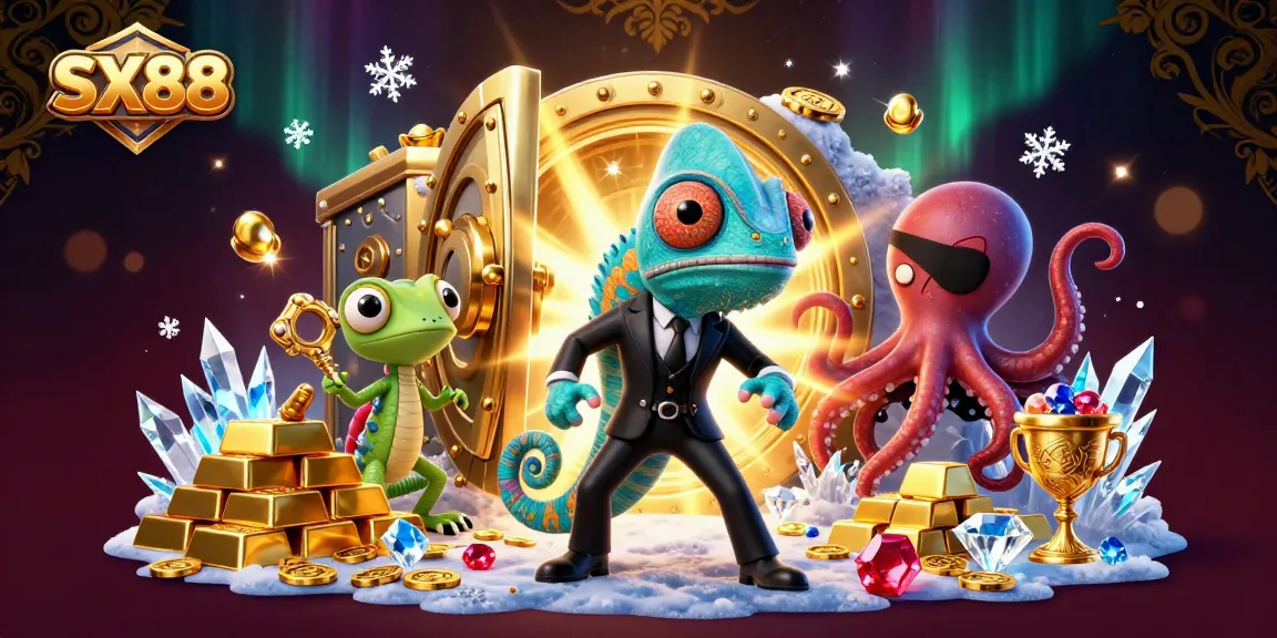 Join the colorful adventure of SX88 with a secret agent chameleon, tech-savvy gecko, and villainous octopus amidst thrilling casino treasures.