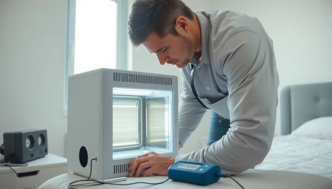 Exterminator performing bed bug heat treatment in a bright bedroom with professional tools.