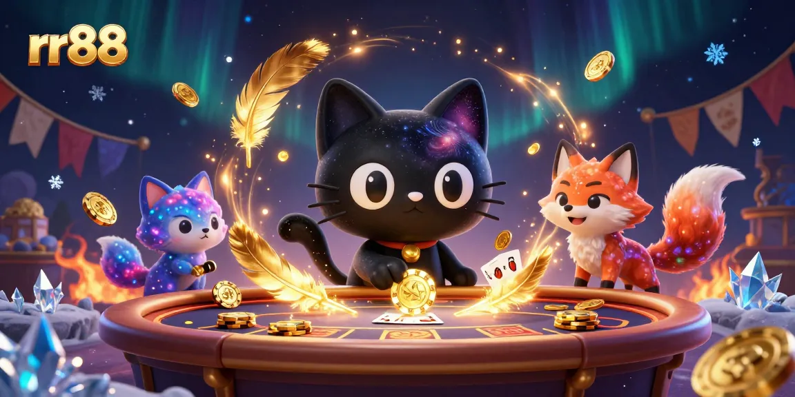 rr88 captures the cosmic gambling scene with a black hole cat and colorful fox companions.