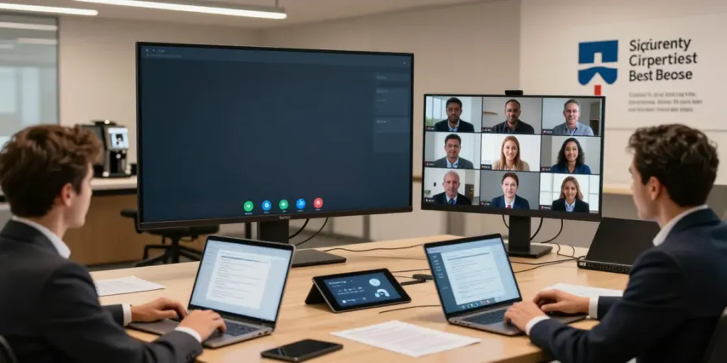 Deepfake protected Conferencing scene with diverse professionals in a secure video meeting
