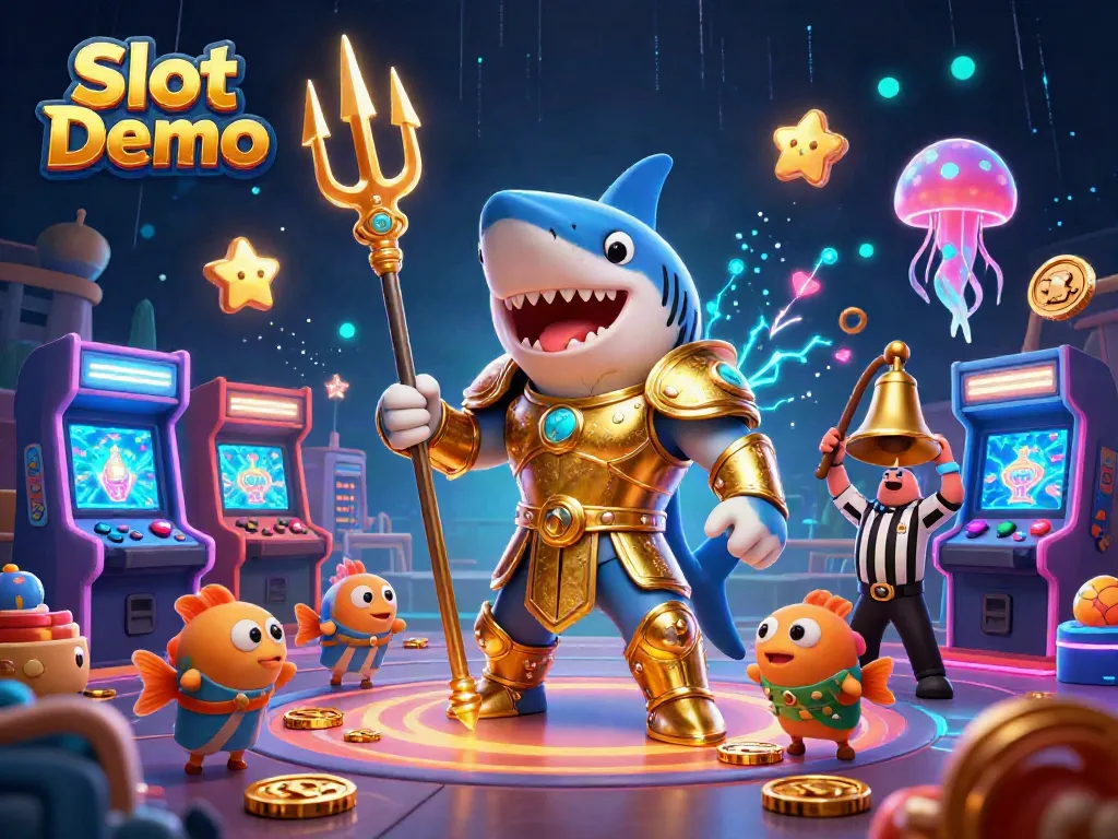 Experience the thrilling Slot Demo with a tiger shark hero, arcade elements, and underwater fun.