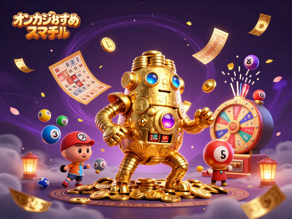 オンカジおすすめスマホのカジノ場面を描いたイラストで、金のゴーレムと宝くじボールが躍動する様子が表現されています。