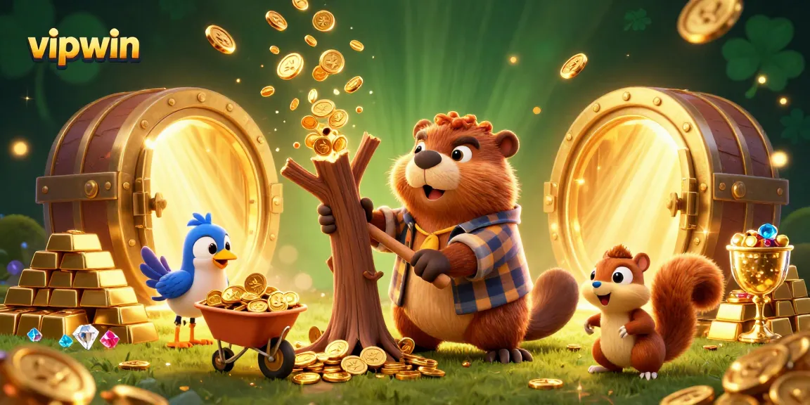 Experience the excitement of vipwin with cartoon characters collecting golden coins in a vibrant casino setting.