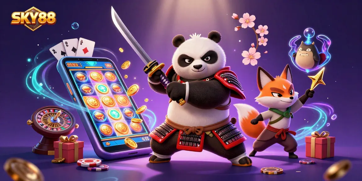 Engage with SKY88's exciting 3D casino adventure, featuring dynamic samurai panda and ninja fox.