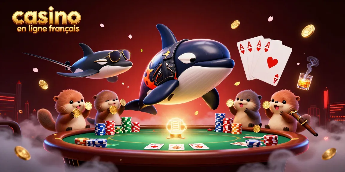 Ressemblez à un casino en ligne français avec une baleine orque et des familles d'otaries tenant des pièces.