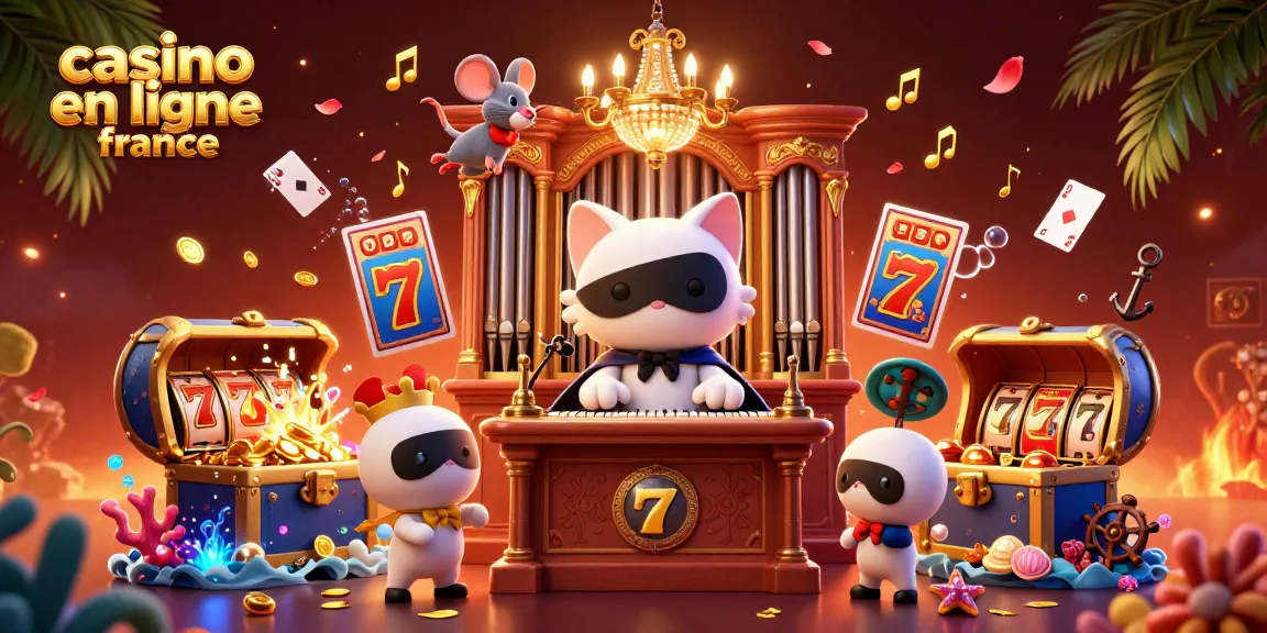 Illustration captivante de casino en ligne France avec des éléments de jeux riches et dynamiques, un chat masqué au pipe organ.