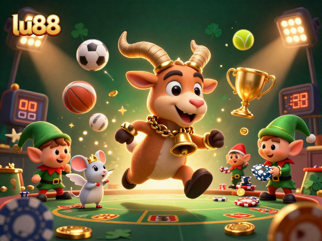 Experience the thrill of lu88 with dynamic characters and sports elements in a vibrant casino scene.