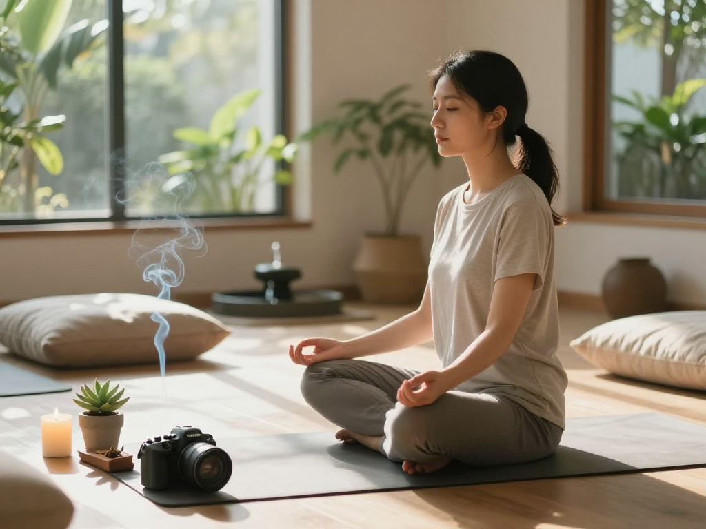 Individual practicing mantra88 in a peaceful meditation space with natural light.