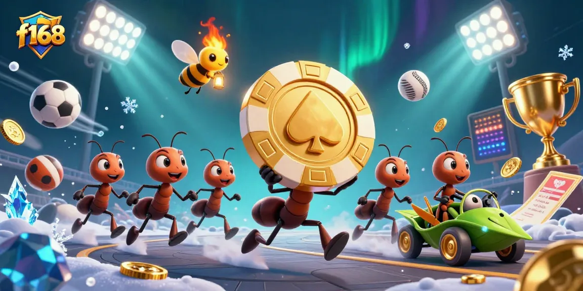F168 engages players in an exciting heist adventure featuring animated characters running with a golden poker chip.