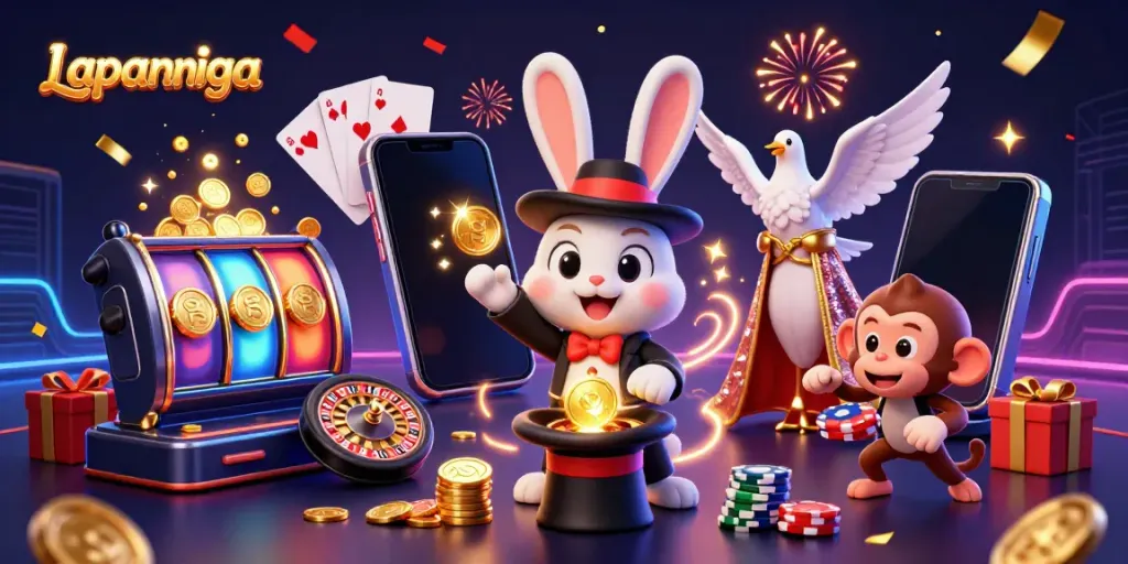 Experience the magic of Lapannaga with a magician rabbit, dove, and monkey in an exciting casino scene.