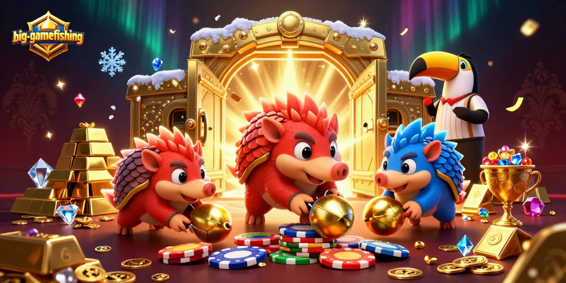 Big-gamefishing pangolins compete with colorful chips and golden treasures in a dynamic scene