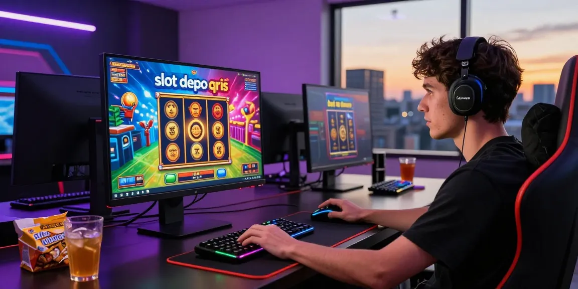 Online gaming setup with slot depo qris graphics, player focused on thrilling gameplay, vibrant gaming atmosphere