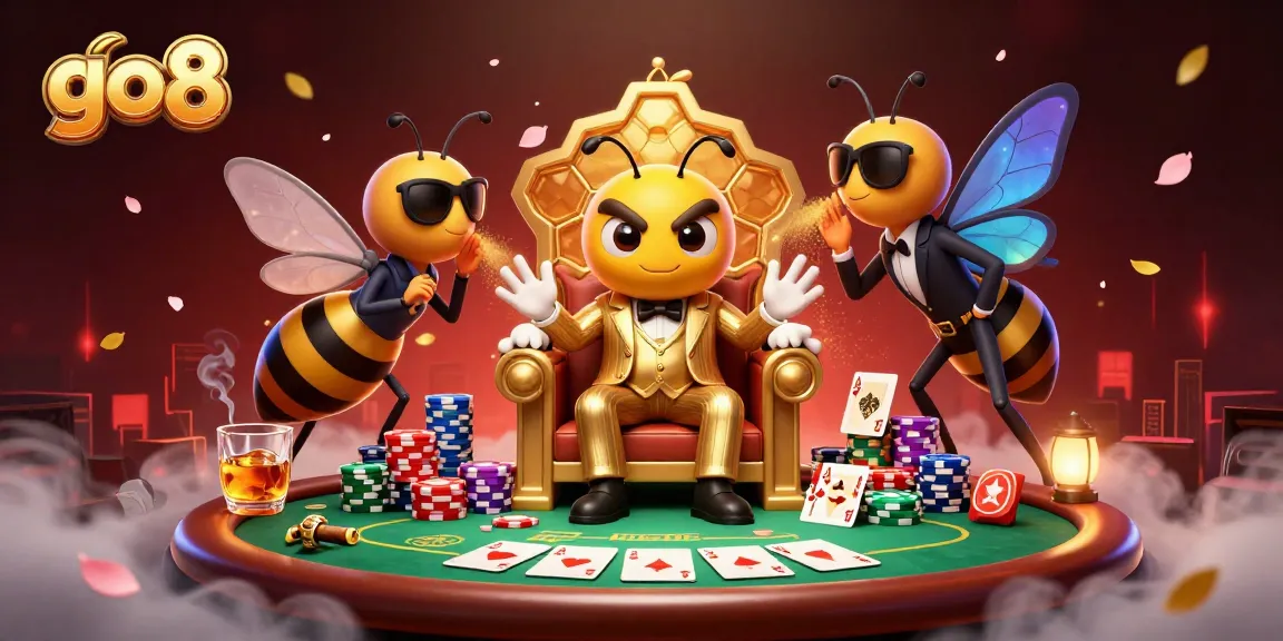 Experience the excitement of go8 with a bustling casino scene featuring a bumblebee mob boss and vibrant poker dynamics.
