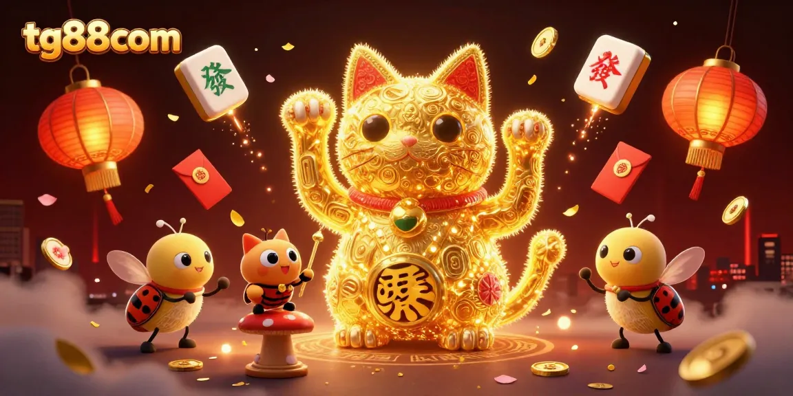 Experience the excitement of tg88com with a vibrant 3D illustration of a lucky cat and casino elements.